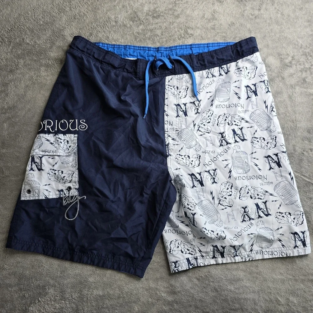 Notorious Big Swin Trunks Shorts Microphone NY Print Music Mens XL Navy Blue